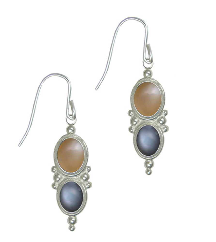Sterling Silver Drop Dangle Earrings With Peach And Grey Moonstones